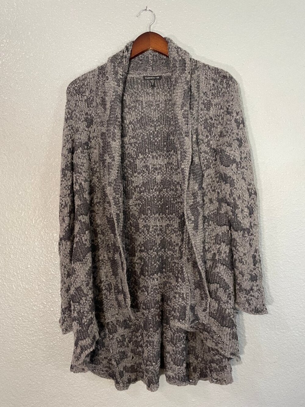 Eileen Fisher Wool Camel Linen Textured Knit Shawl Sweater size M Black Grey